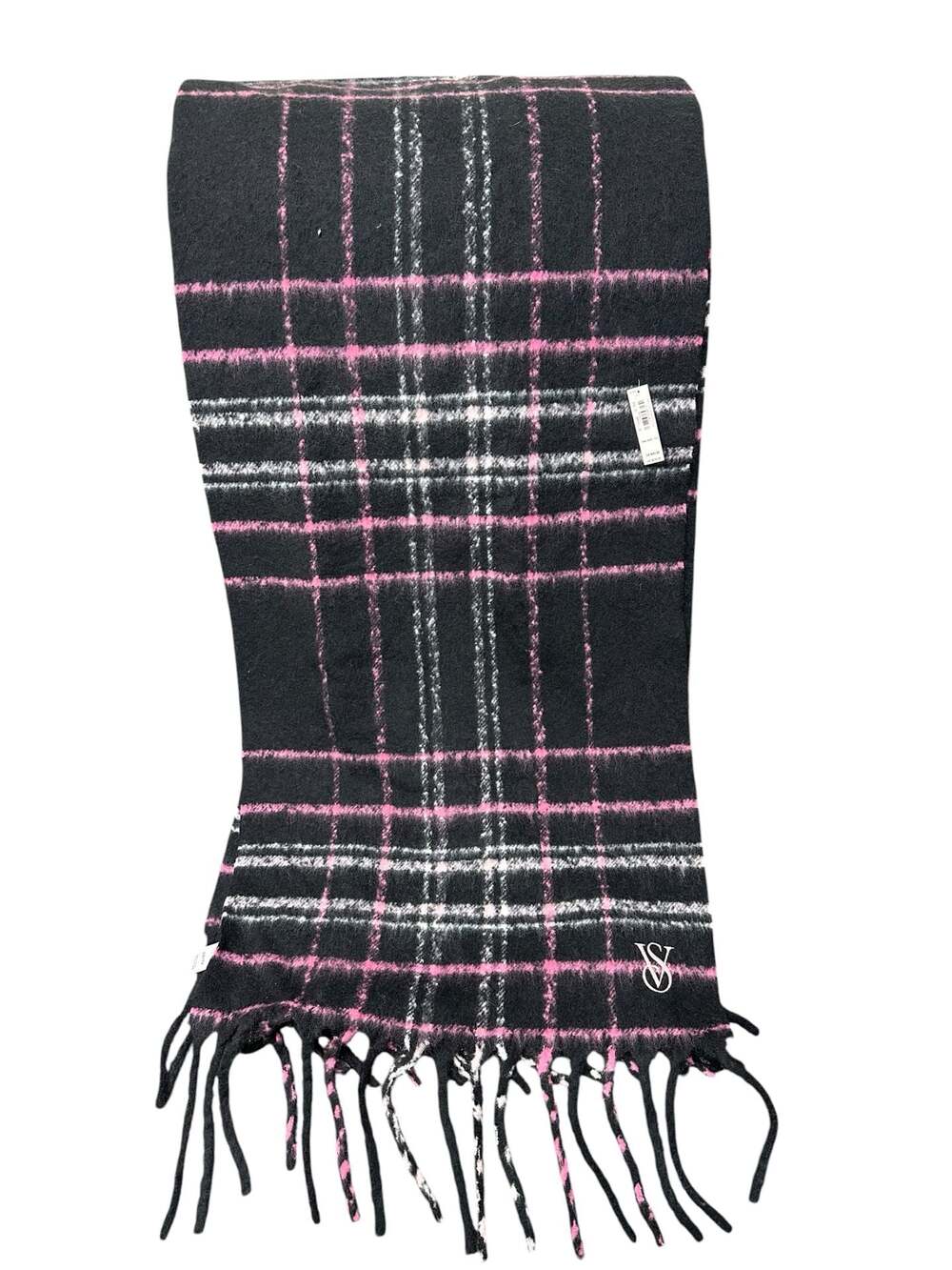 Victoria's Secret Black Pink Plaid Tartan Fringe Blanket Scarf New With Tags